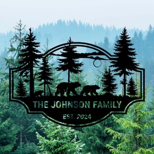 Bear Personalized Metal Sign,Bear In Woods Cabin Sign,Last Name Signs for Home,Family Name Black Bear Sign,Personalized Bear Sign Dad Gift