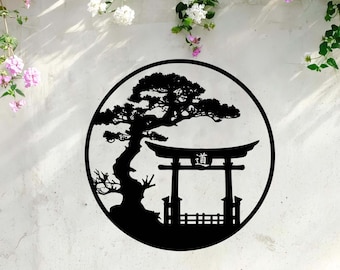 Japanischer Enso Kreis Metallwandkunst, Torii-Tor, Bonsaibaum