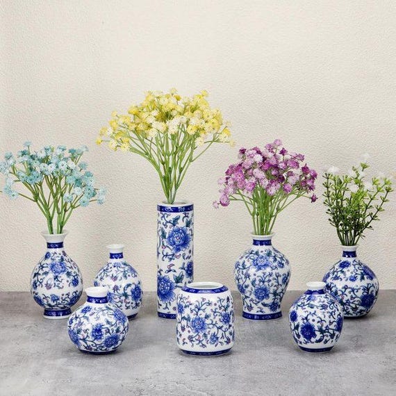 3 Pcs Chinoiserie Bud Vases Ceramic Small Blue and White Floral Chinese Porcelain Vase Set for Shelf Table Centerpieces (any 3 pieces)