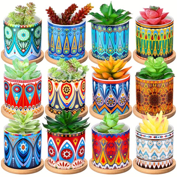 12pcs 3 Inch Ceramic Succulent Pots with Mandala Geometric Patterns, Multicolor Bohemian Planters with  for Indoor/Outdoor