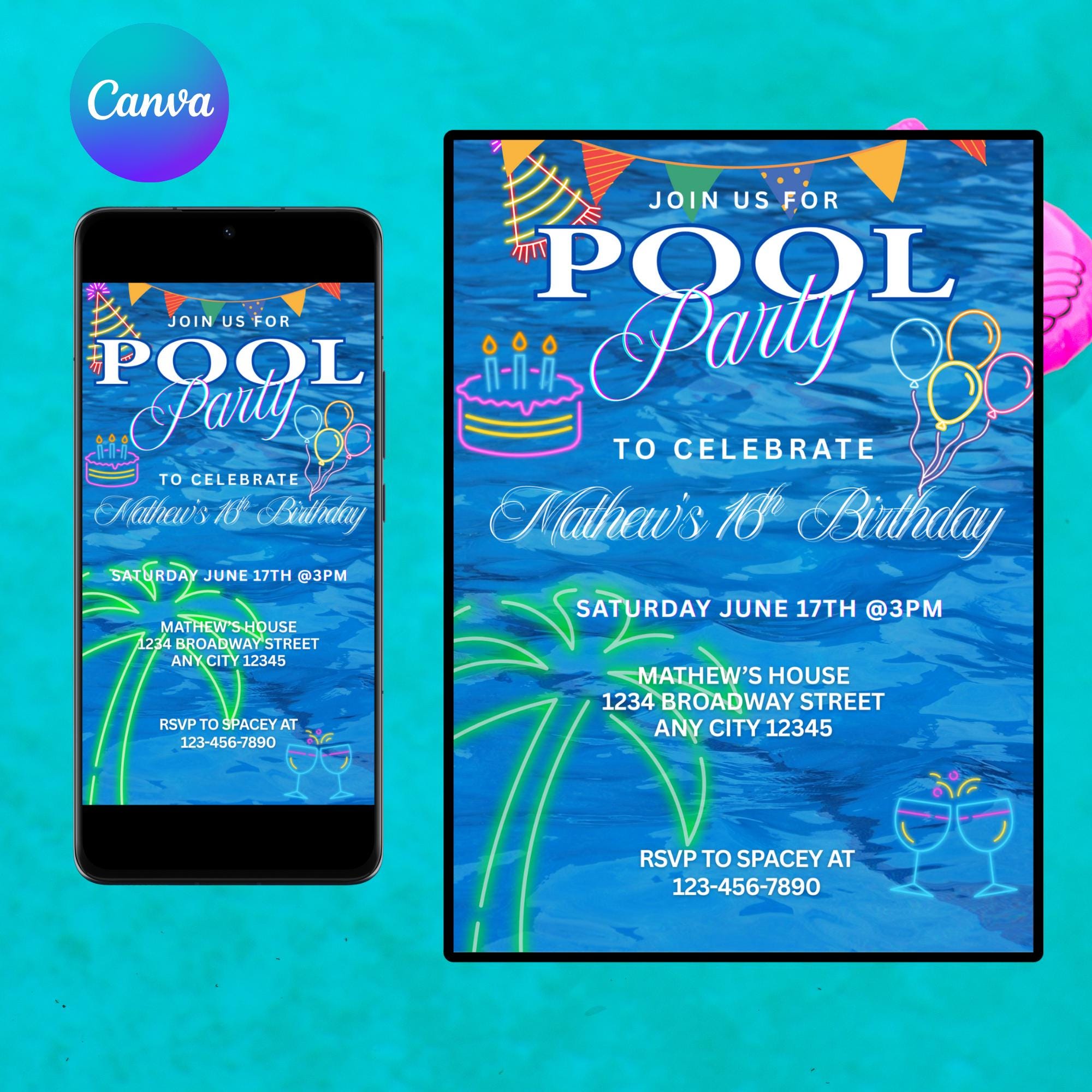 Blue Pool Party Birthday Invitation Video. Neon Beach Theme Tropical Summer Invite For Teens, Kids, Adults. DIY Canva Editable Template.