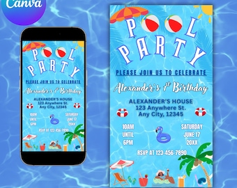 Pool Party Editable Invitation, Summer Birthday Party Evite, Text Invitation, Pool Party Invitation, Electronic Invite, Digital Invitation