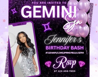 Pink Gemini Birthday Flyer, Gemini Bash Flyer, Birthday flyer, Birthday Girl, Party Flyer,Celebration Flyer, Birthday Event,Pink Birthday