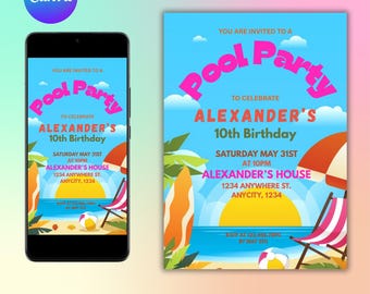 Editable Pool Invitation, Pool Party Birthday Invitation, Neon Glow Invitation, Tropical tie dye, Swimming Pool Party, Instant Download