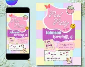 Editable Checkered Smile Face Pool Party Birthday invite, Groovy Retro birthday, emoji invitation, Girl Tween Birthday, Indoor Pool Party