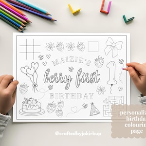 Berry First Birthday Colouring Page, Editable Strawberry First Birthday Printable Colouring Sheet, 1st Birthday Berry Sweet Party Favour