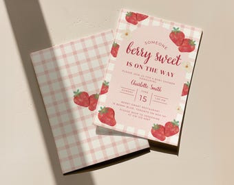 Berry Sweet Baby Shower Invitation Template, Strawberry Baby Shower Invite, Girl Baby Shower, Editable Canva