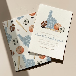 Plantilla de invitación de primer cumpleaños para novato, invitación de primer cumpleaños deportiva, fiesta de cumpleaños de niño estrella, Canva editable