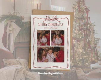 Bow Christmas Photo Card Template, Printable Family Holiday Card, Minimalist Christmas Card, Editable Canva