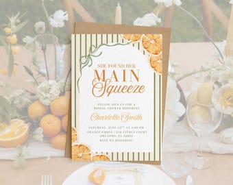 She Found Her Main Squeeze Bridal Shower Invitation Template, Orange Citrus Bridal Shower Invite, Bride to Be Shower, Editable Canva