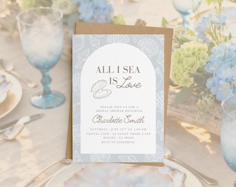 All I Sea Is Love Bridal Shower Invitation Template, Coastal Beach Bridal Shower Invite, Bride to Be Shower, Editable Canva