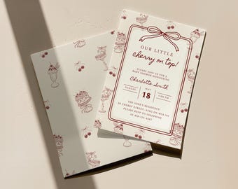 May include: A red and white baby shower invitation with a cherry and ice cream theme. The invitation reads "Our Little Cherry on Top!" and includes the details for a baby shower honoring Charlotte Smith on Sunday, May 18th at 1:00 PM. The invitation also includes the address and contact information for RSVP.