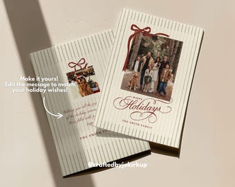 Red & Sage Green Striped Christmas Photo Card Template, Printable Family Holiday Card, Modern Christmas Card, Editable Canva