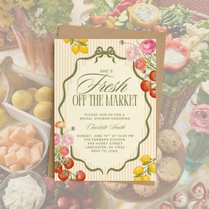 May include: A bridal shower invitation with a beige background and vertical stripes. The invitation features the text "She's Fresh Off The Market" in elegant script, surrounded by floral and lemon illustrations. The invitation includes event details.
