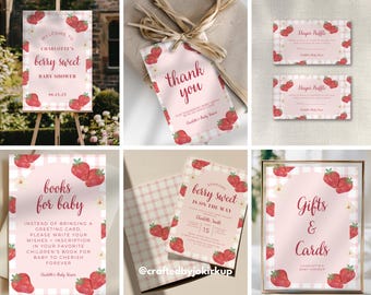 Berry Sweet Baby Shower Bundle Template, Strawberry Baby Shower Decorations Set, Girl Baby Shower, Editable Canva