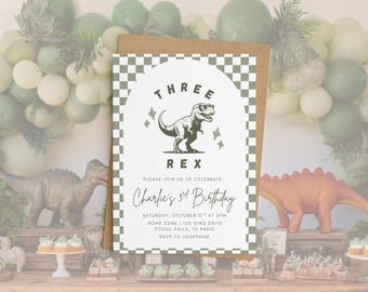Three Rex 3rd Birthday Invitation Template, Dinosaur Birthday Party Invite, Boy Birthday Party, Editable Canva