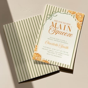 Plantilla de invitación para despedida de soltera "She Found Her Main Squeeze", invitación para despedida de soltera con temática de cítricos naranjas, despedida de soltera para la futura novia, editable en Canva.