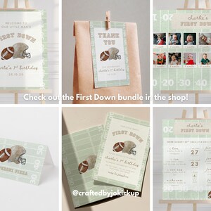 May include: A set of football-themed party decorations, including signs and tags. The designs feature a football, helmet, and the text "First Down" in a light green and white colour scheme. The text "Charlie's 1st Birthday" is also present on the items.