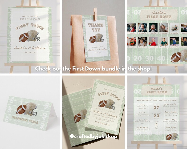 May include: A set of football-themed party decorations, including signs and tags. The designs feature a football, helmet, and the text "First Down" in a light green and white colour scheme. The text "Charlie's 1st Birthday" is also present on the items.