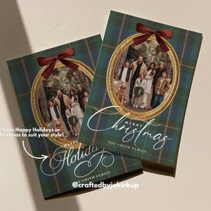 May include: Two Christmas cards with a family photo inside an oval gold frame, topped with a burgundy bow. The cards have a green and blue plaid pattern. Text reads "Merry Christmas" and "Happy Holidays".