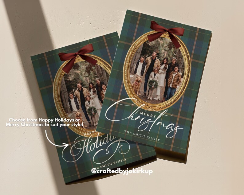 May include: Two Christmas cards with a family photo inside an oval gold frame, topped with a burgundy bow. The cards have a green and blue plaid pattern. Text reads "Merry Christmas" and "Happy Holidays".