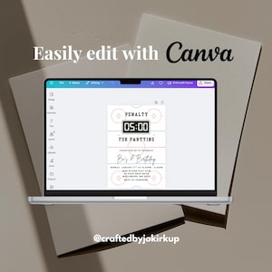 May include: A laptop screen shows a birthday party invitation template with the text "Penalty for Partying" and "B's 5th Birthday". The words "Easily edit with Canva" are above the laptop screen. The laptop is on a neutral background.