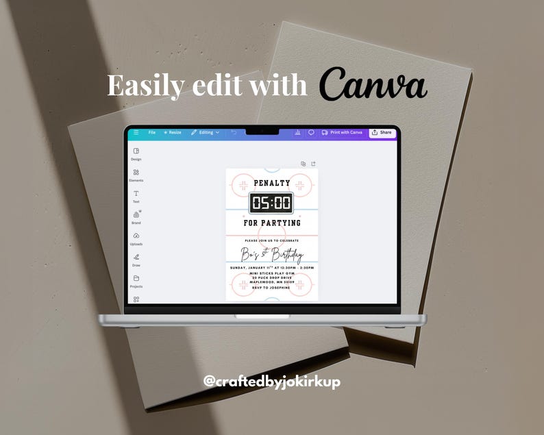 May include: A laptop screen shows a birthday party invitation template with the text "Penalty for Partying" and "B's 5th Birthday". The words "Easily edit with Canva" are above the laptop screen. The laptop is on a neutral background.