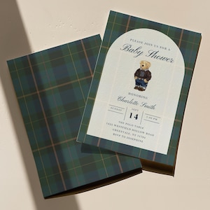 Polo Teddy Baby Shower Editable Invitation Template, Classic Plaid, Tartan Equestrian, Lauren Teddy Bear