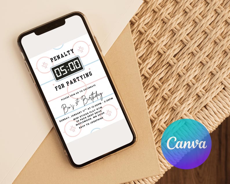 May include: A mobile phone shows a hockey-themed birthday invitation. The design includes a hockey rink graphic with the text "PENALTY 05:00 FOR PARTYING." The invitation also has party details and the Canva logo.