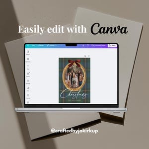 May include: A laptop displays a Christmas card design with a family photo inside a gold oval frame, set against a green and blue plaid background. The words "Merry Christmas" are written in cursive. The text "Easily edit with Canva" is above the laptop screen.
