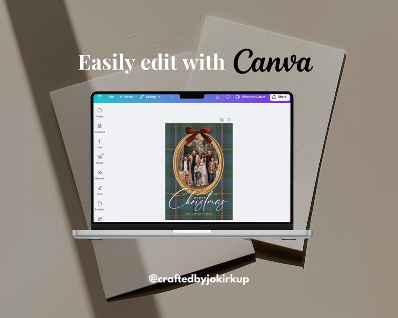 May include: A laptop displays a Christmas card design with a family photo inside a gold oval frame, set against a green and blue plaid background. The words "Merry Christmas" are written in cursive. The text "Easily edit with Canva" is above the laptop screen.