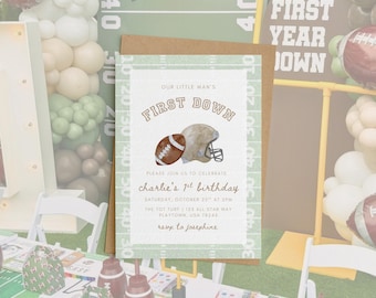 First Down 1st Birthday Invitation Template, Football Birthday Party Invite, Boy First Birthday Party, Editable Canva