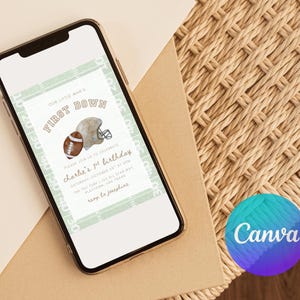 May include: A smartphone screen shows a digital invitation for a first birthday celebration. The invitation design includes a football, a helmet, and the words "First Down." The text reads "Our Little Man's" and "Charlie's 1st Birthday." The background is light green.