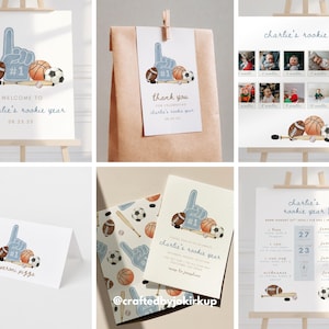 Rookie Year 1st Birthday Bundle Template, Sports First Birthday Decorations Set, Boy Birthday Party, Editable Canva