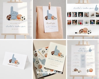 Rookie Year 1st Birthday Bundle Template, Sports First Birthday Decorations Set, Boy Birthday Party, Editable Canva
