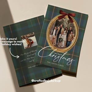 May include: Christmas card with a family photo inside an oval gold frame, topped with a burgundy bow. The card has a green and navy plaid pattern. Text on the card reads "Merry Christmas" and "The Smith Family."