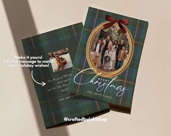 Plaid Christmas Photo Card Template, Holiday Photo Card Template, Family Christmas Card, Editable Canva