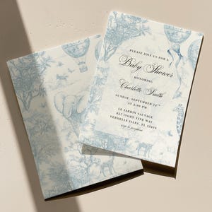 Blue Toile Safari Baby Shower Invitation Template, Toile de Jouy, Safari Animal Baby Boy Baby Shower Invite