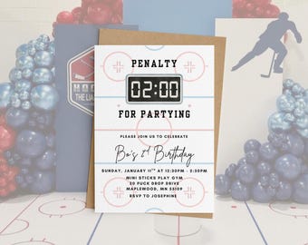 May include: A hockey-themed birthday invitation with a white background, featuring a hockey rink design and the text "PENALTY 02:00 FOR PARTYING." The invitation includes details for a birthday celebration, with a hockey player silhouette in the background.