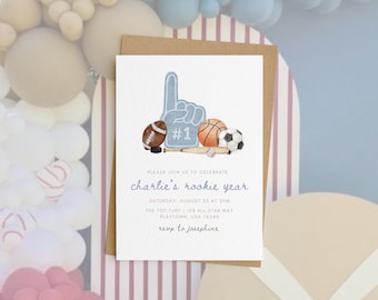 Rookie Year 1st Birthday Invitation Template, Sports First Birthday Invite, All Star Boy Birthday Party, Editable Canva