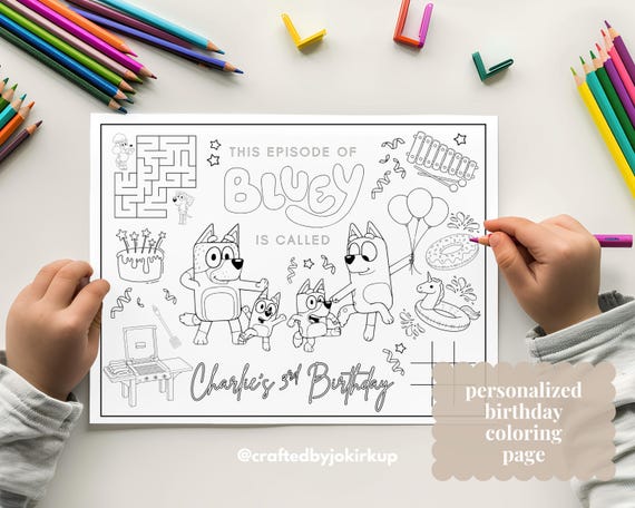 Bluey Birthday Personalized Activity Coloring Page, Blue Dog Birthday, Bluey Birthday Party