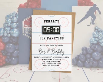 May include: A hockey-themed birthday party invitation with the text "PENALTY 05:00 FOR PARTYING". The invitation includes details for Bo's 5th birthday, with a hockey rink design and a brown envelope.