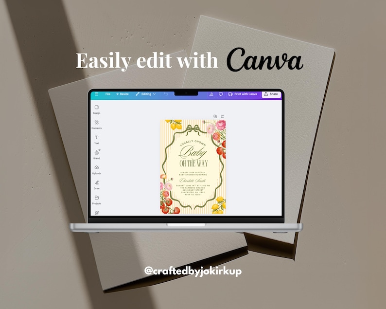 May include: A laptop displays a baby shower invitation design with the text "Baby on the Way." The invitation features floral and fruit illustrations. The words "Easily edit with Canva" are above the laptop screen.