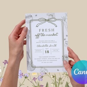 May include: A bridal shower invitation with the text "FRESH off the market" and details for Charlotte Smith's shower. The invitation features a green bow and vegetable illustrations. The Canva logo is visible.