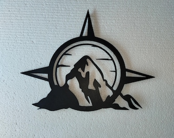 3D Mountain Compass Metal Wall Art, Nature Inspired Decor (24x12 inches)