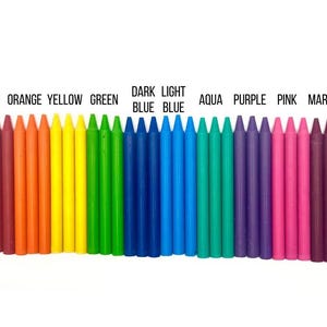 May include: A collection of wax crayons arranged in a row, organised by colour spectrum. The crayons are labelled with text above them: RED, ORANGE, YELLOW, GREEN, DARK BLUE, LIGHT BLUE, AQUA, PURPLE, PINK, and MAROON. Each colour group contains three individual crayons.
