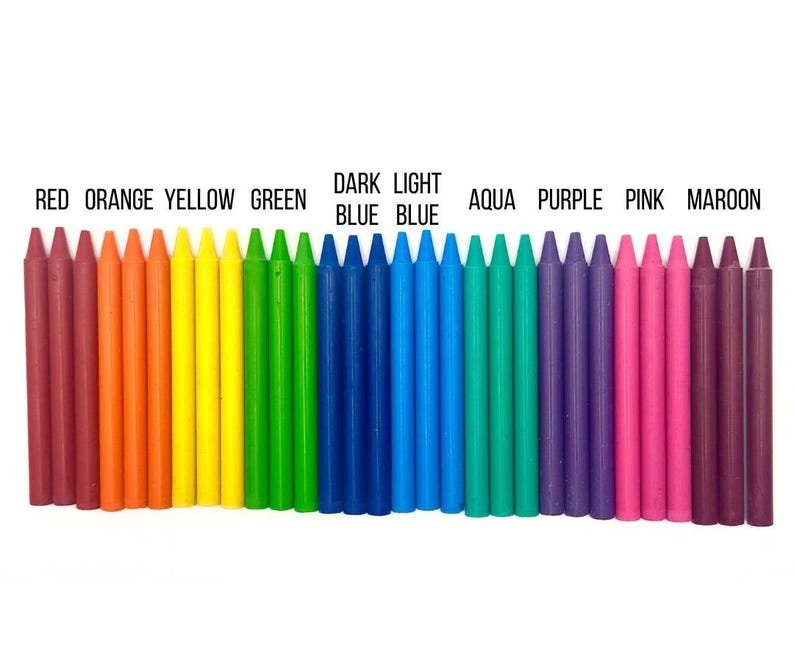 May include: A collection of wax crayons arranged in a row, organised by colour spectrum. The crayons are labelled with text above them: RED, ORANGE, YELLOW, GREEN, DARK BLUE, LIGHT BLUE, AQUA, PURPLE, PINK, and MAROON. Each colour group contains three individual crayons.