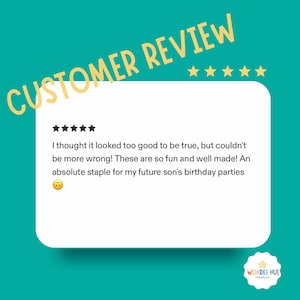 May include: A customer review graphic on a teal background featuring the text CUSTOMER REVIEW in yellow with five yellow stars. A white rounded rectangle contains five black stars and the text: I thought it looked too good to be true, but couldn't be more wrong! These are so fun and well made! An absolute staple for my future son's birthday parties. A yellow upside-down face emoji is included. The Wonder Hue Crayon Co logo is in the corner.