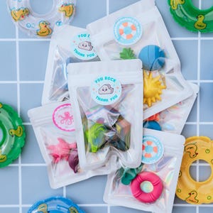 May include: Several white resealable pouches containing small colourful shaped items, each featuring a round sticker with a cartoon rock and the text YOU ROCK THANK YOU. The pouches are arranged on a light blue grid background with inflatable rings.
