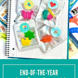 May include: Four small, clear, iridescent pouches containing colorful shaped erasers. One pouch holds a pink butterfly, one has green and yellow building blocks, one contains green and yellow puzzle pieces, and one holds an orange popsicle eraser.